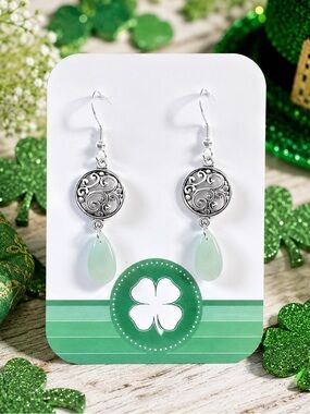 Handmade Silver Tone Green Dangle Earrings St Patrick’s Day (Version 3)